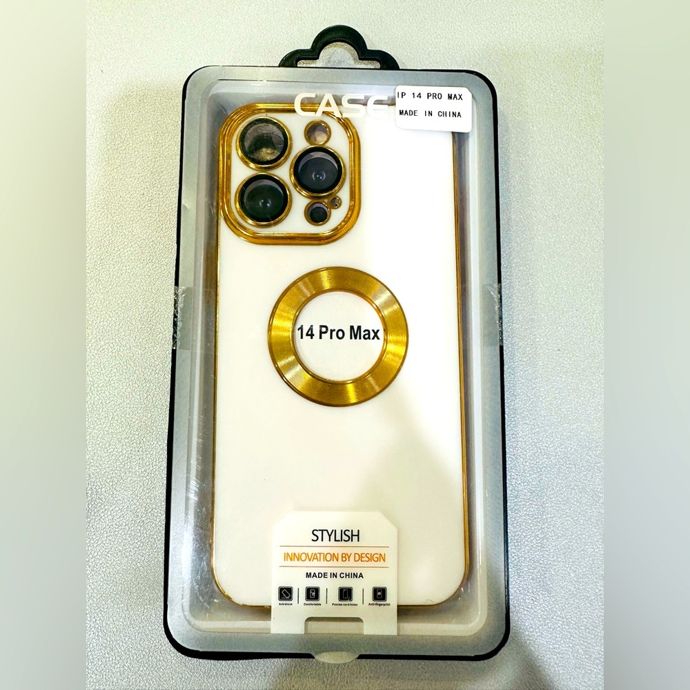 Beautiful iPhone 14 Pro Max Case Gold Accent + Glass Screen Protector,Ship Fast